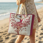 Woman carrying the Ballerina and Butterflies quilted beach bag along the shore