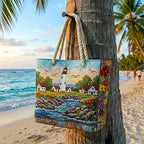 Quilted beach bag with the Lighthouse Shine design, a white and red lighthouse with sailing boats, gulls and harbour cottages in navy, chalk and sea green