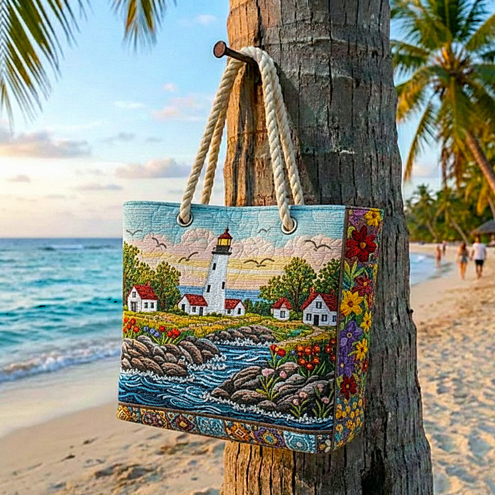 Quilted beach bag with the Lighthouse Shine design, a white and red lighthouse with sailing boats, gulls and harbour cottages in navy, chalk and sea green