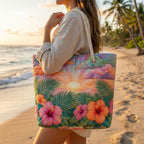 Quilted beach bag with the Tropical Dawn design, dark palm leaves against an apricot and gold sunrise sky