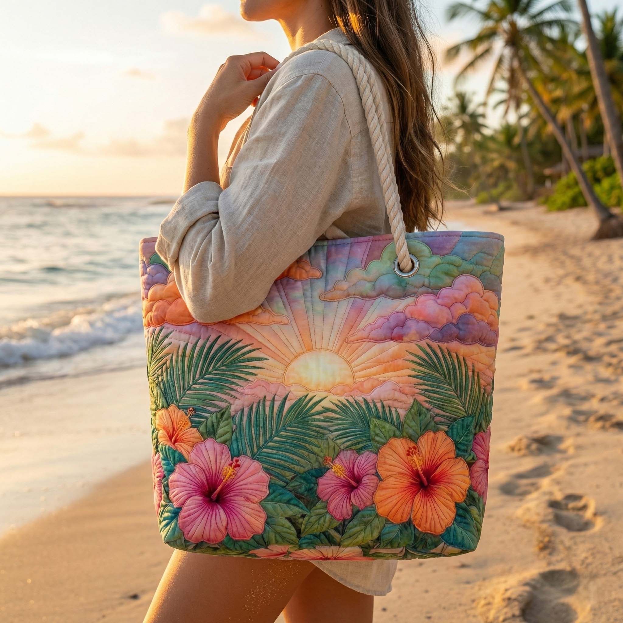 Quilted beach bag with the Tropical Dawn design, dark palm leaves against an apricot and gold sunrise sky