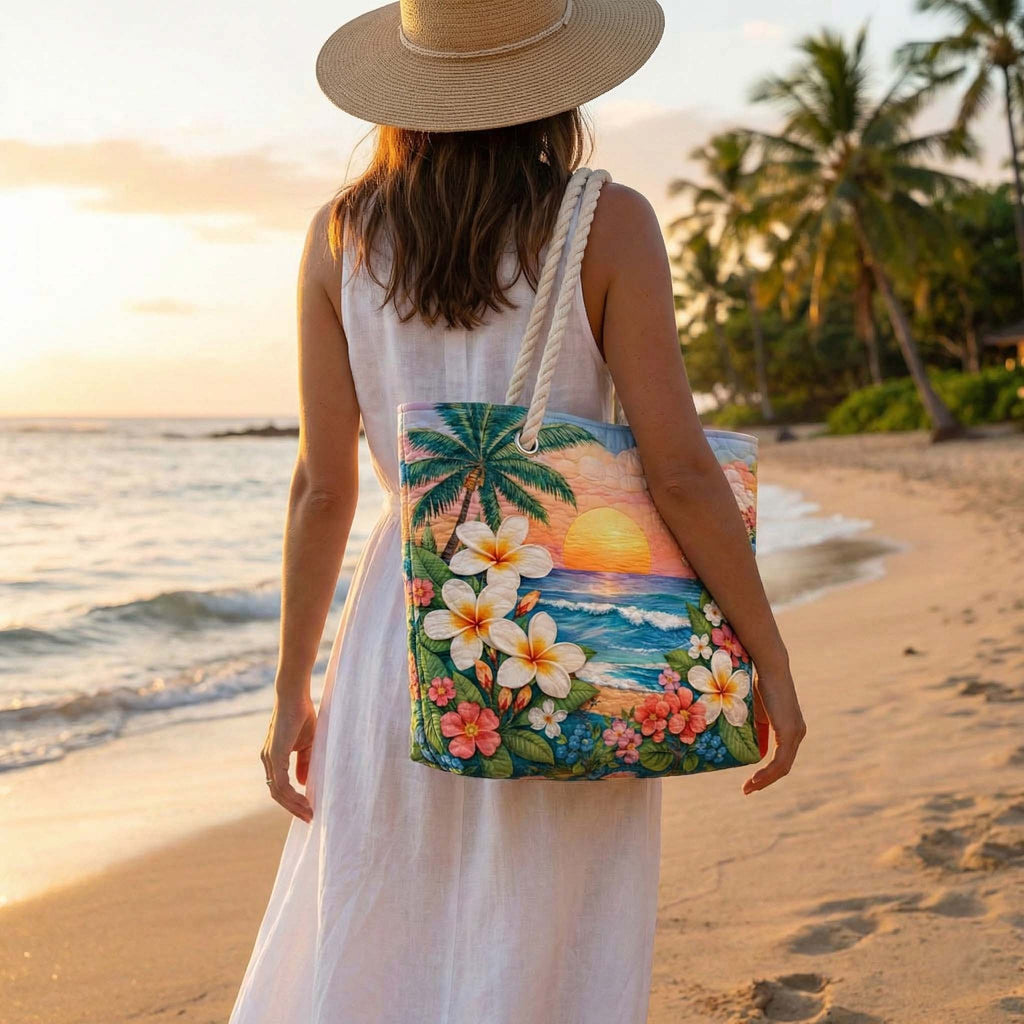 Woman carrying the Tropical Breeze quilted beach bag along the shore