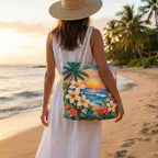 Woman carrying the Tropical Breeze quilted beach bag along the shore
