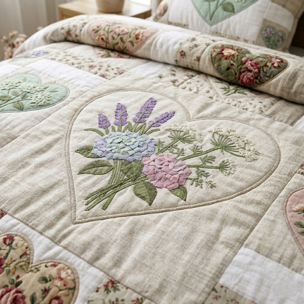 The Flower Patchwork quilted bedspread set on a made bed