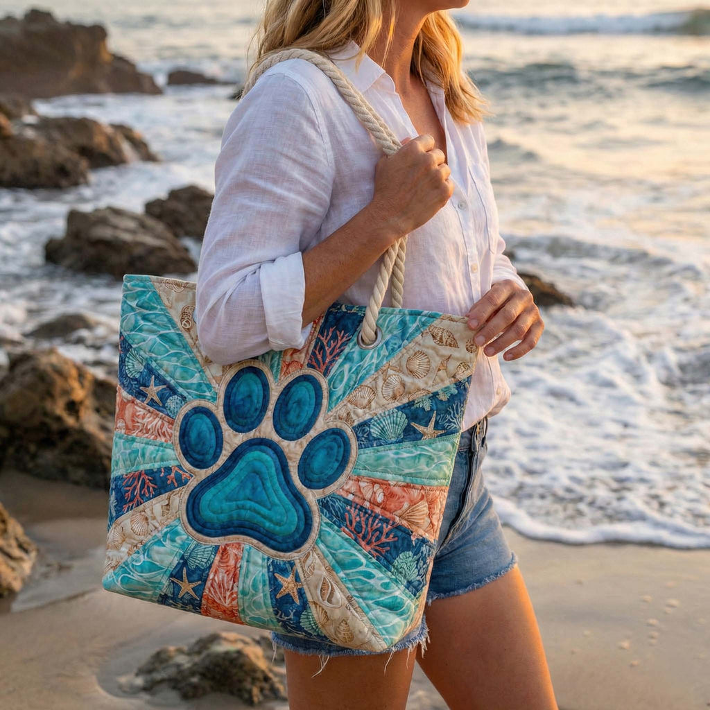 Woman carrying the Paw Print quilted beach bag along the shore