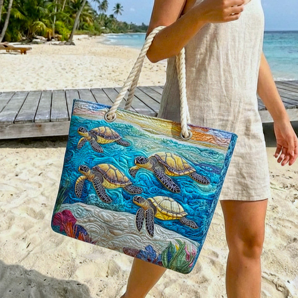 Woman carrying the Marina Turtle quilted beach bag along the shore