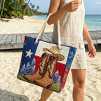 Woman carrying the Western Boots quilted beach bag along the shore