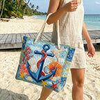 Woman carrying the Nautical Anchor quilted beach bag along the shore
