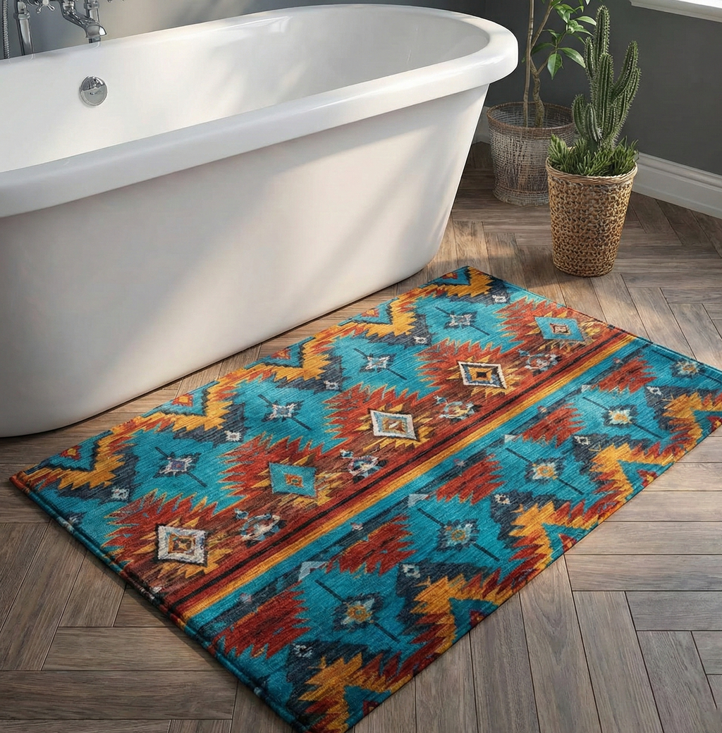 Turquoise Mesa Rhythm bath mat – turquoise kilim pattern