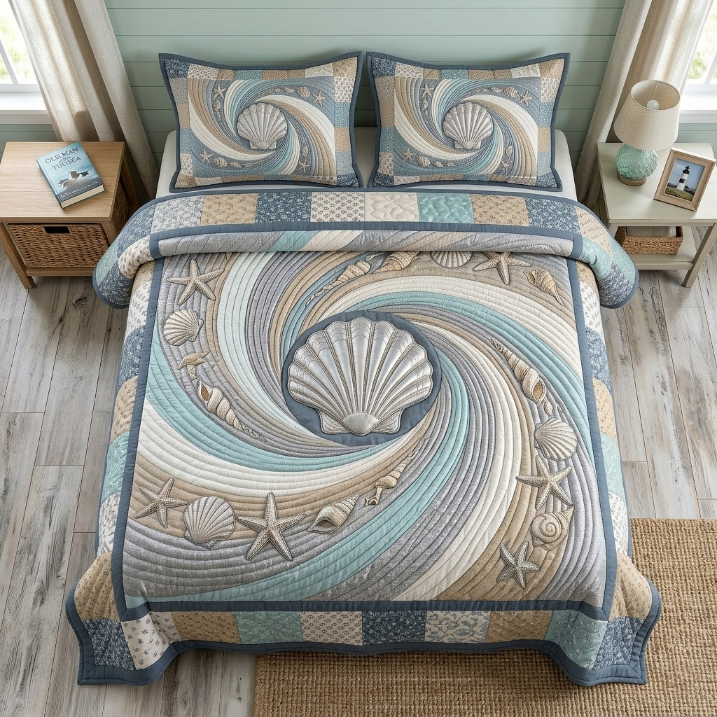 The Coastal Shells quilted bedspread set on a made bed