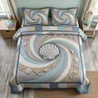 The Coastal Shells quilted bedspread set on a made bed