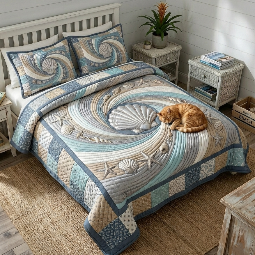 Close-up of the wave-stitch quilting on the Coastal Shells bedspread