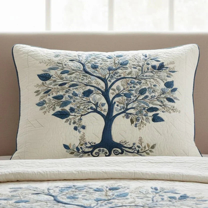 Quilted pillowcase with the Blue Serenity design, soft blue blooms and trailing leaves in sky and slate shades over wave-stitch quilting