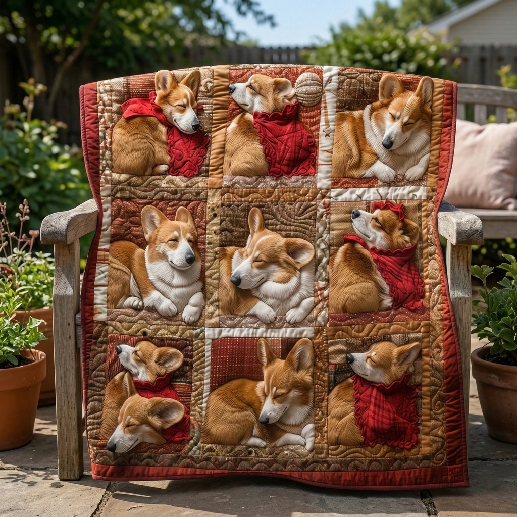 Sleeping Corgis quilted throw – sleepy Corgis in red-framed squares