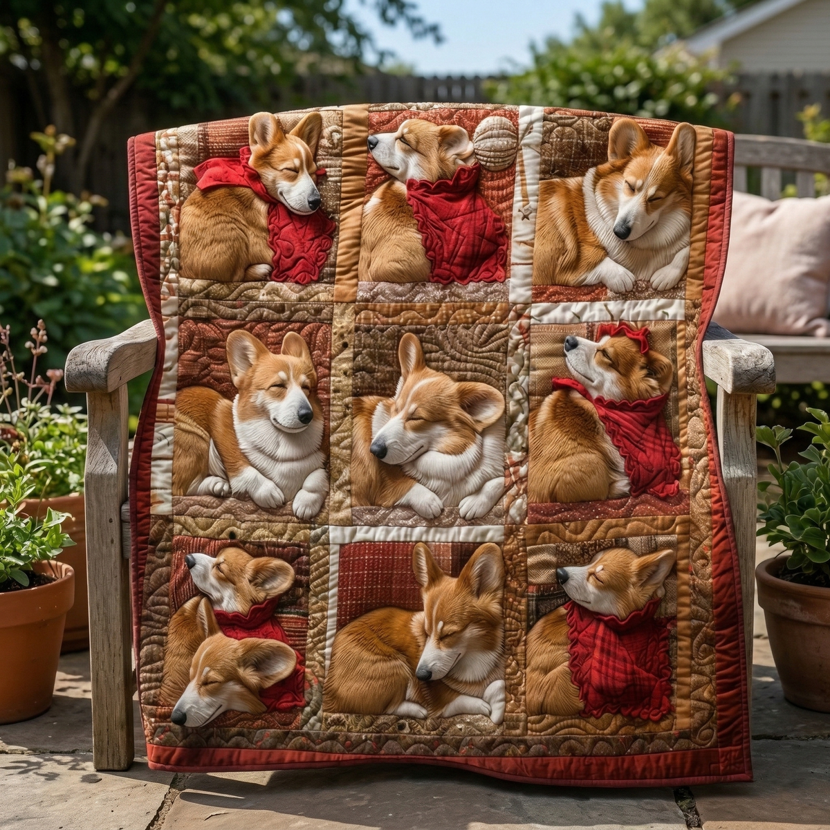 Sleeping Corgis quilted throw – sleepy Corgis in red-framed squares