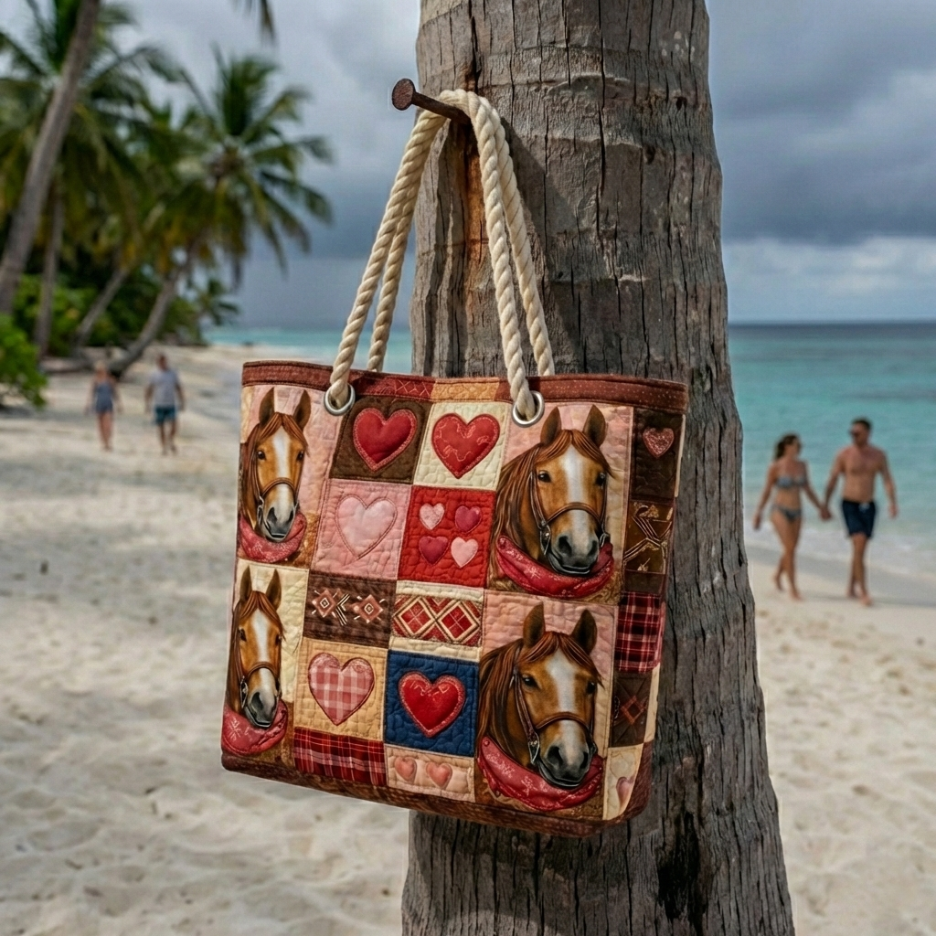 Running Horses quilted beach bag on the sand with a towel and sun cream