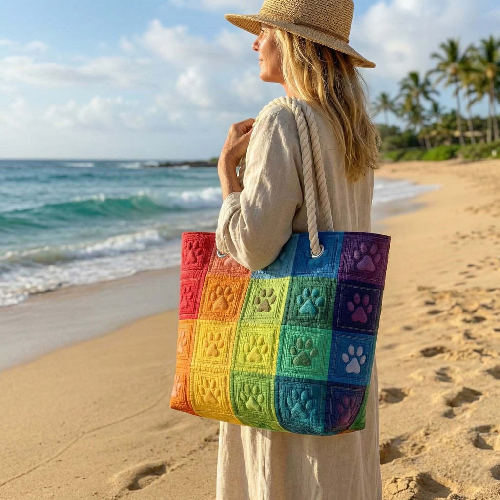 Quilted beach bag with the Rainbow Paw Prints design, paw prints scattered in bright rainbow colour