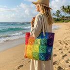 Quilted beach bag with the Rainbow Paw Prints design, paw prints scattered in bright rainbow colour