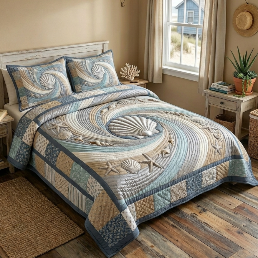 Two matching pillow shams from the Coastal Shells quilted bedspread set