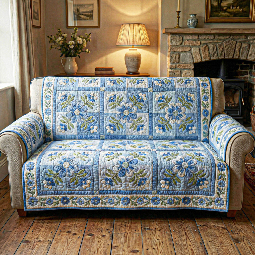Blue Willow Florals quilted sofa cover – blue florals on cream squares