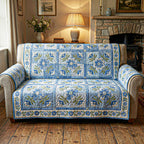 Blue Willow Florals quilted sofa cover – blue florals on cream squares