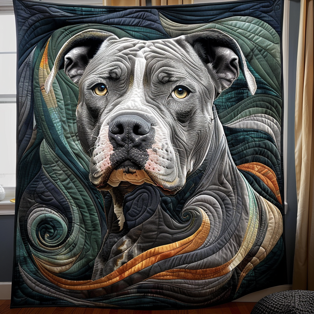 Grey Staffie quilted throw – grey Staffie among swirling colour