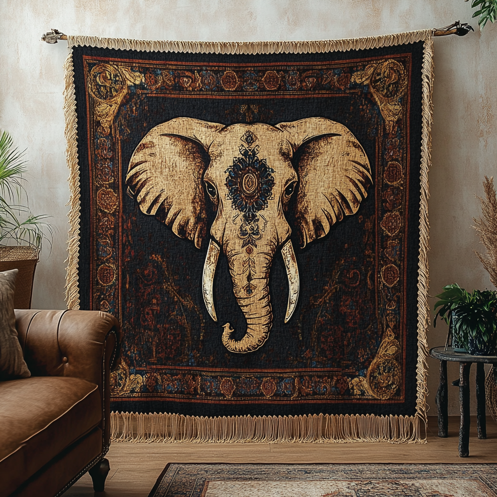 Golden Elephant woven sofa throw – golden elephant on black