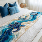 Sea Turtle Swirls quilted bed runner – sea turtle in swirling blue waves