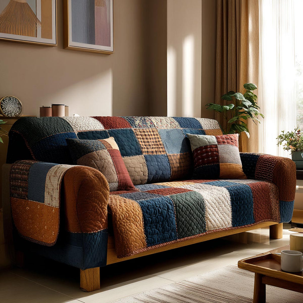 Denim and Rust Patchwork quilted sofa cover – denim and rust patchwork