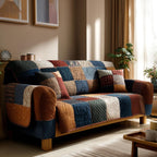 Denim and Rust Patchwork quilted sofa cover – denim and rust patchwork