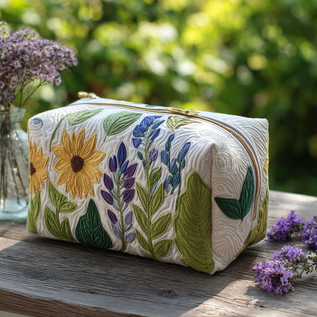 Quilted make-up bag with a Gentle Meadow design of daisies and small sunflowers scattered on a soft meadow background