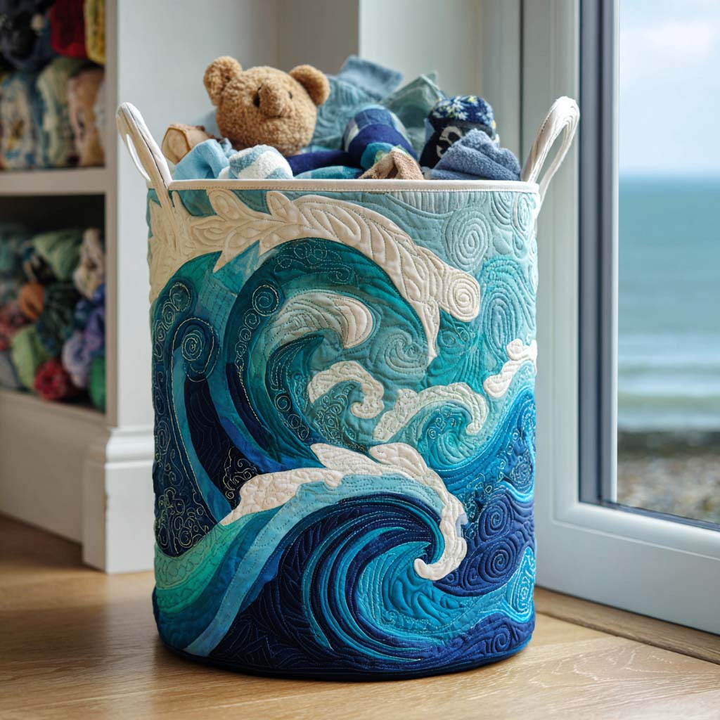 Quilted laundry basket in a Gentle Sea Foam design of plain soft green fabric with an elegant wave-stitch quilting pattern and carry handles