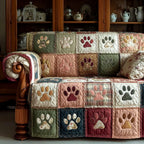 Vintage Paw Squares quilted sofa cover – paw prints in vintage patchwork