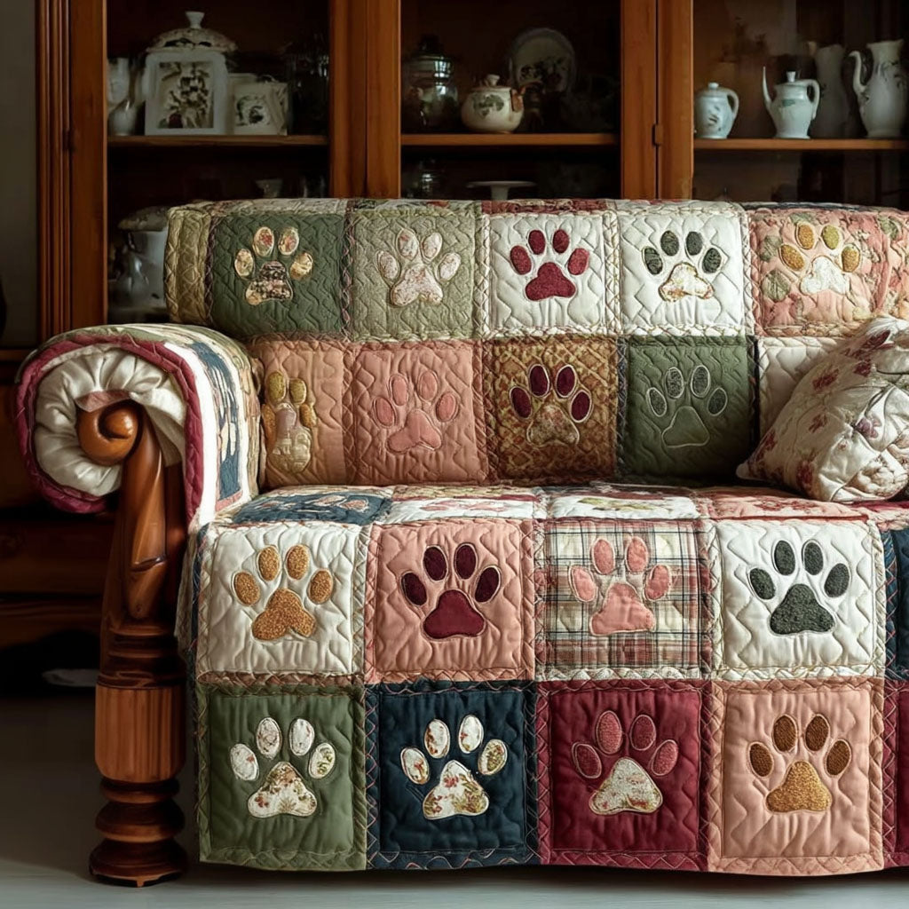 Vintage Paw Squares quilted sofa cover – paw prints in vintage patchwork