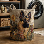 Shepherd in the Meadow quilted laundry basket – german Shepherd in a meadow