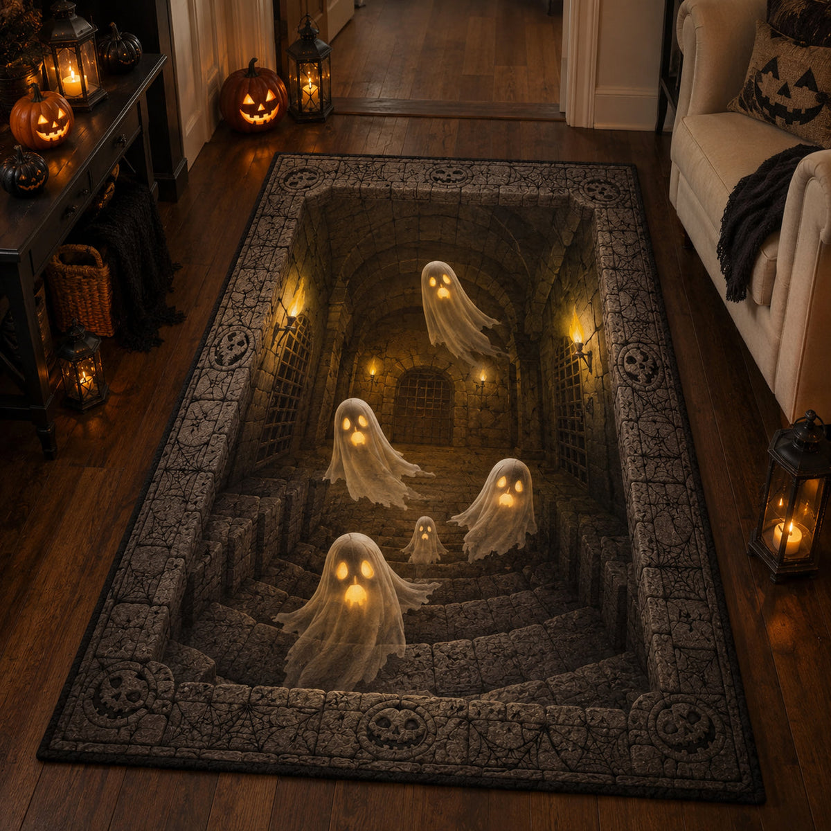 Ghostly Swirl rug – ghosts on a spiral stair