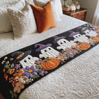 Friendly Ghosts quilted bed runner – friendly ghosts with pumpkins on black