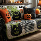 Ghostly Potions quilted sofa cover with grinning carved cauldrons of lime-green potion on gingham with cobwebs, bats and pumpkins