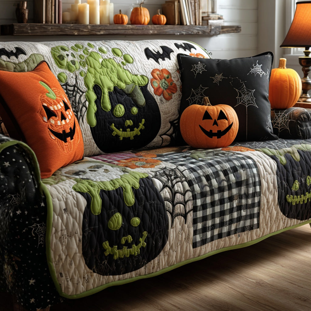 Ghostly Potions quilted sofa cover with grinning carved cauldrons of lime-green potion on gingham with cobwebs, bats and pumpkins