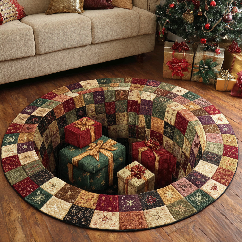 Gift Illusion round rug – presents in a well