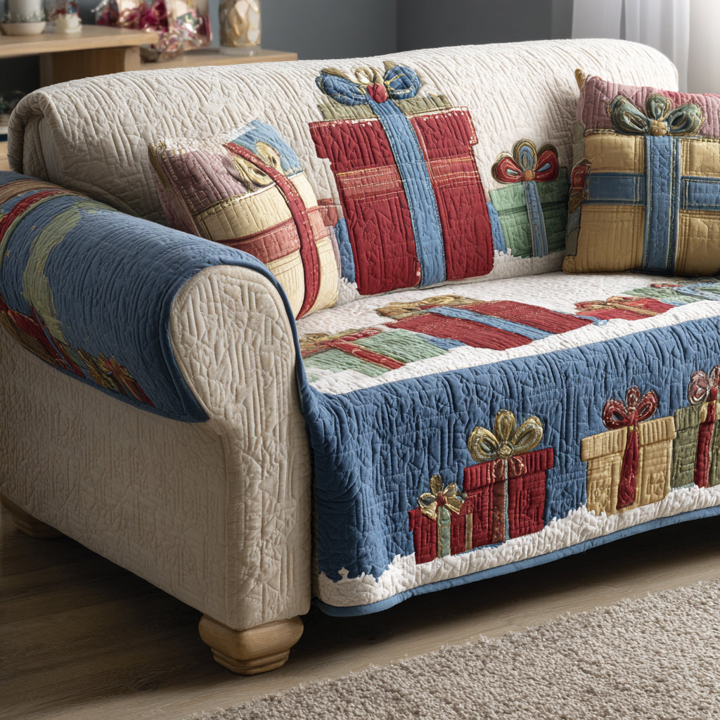 Christmas Gift Parade quilted sofa cover – wrapped gifts on blue patchwork
