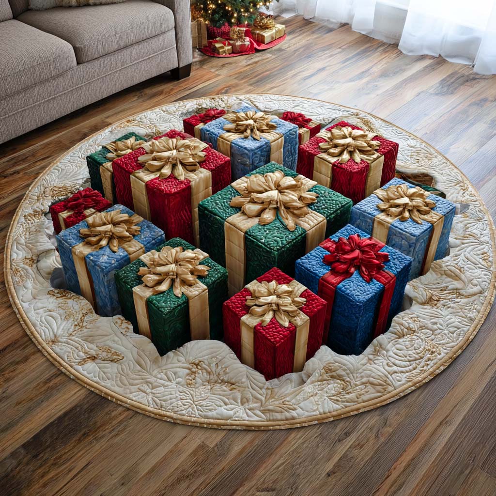 Present Wonderland round rug – presents in a snowy hole