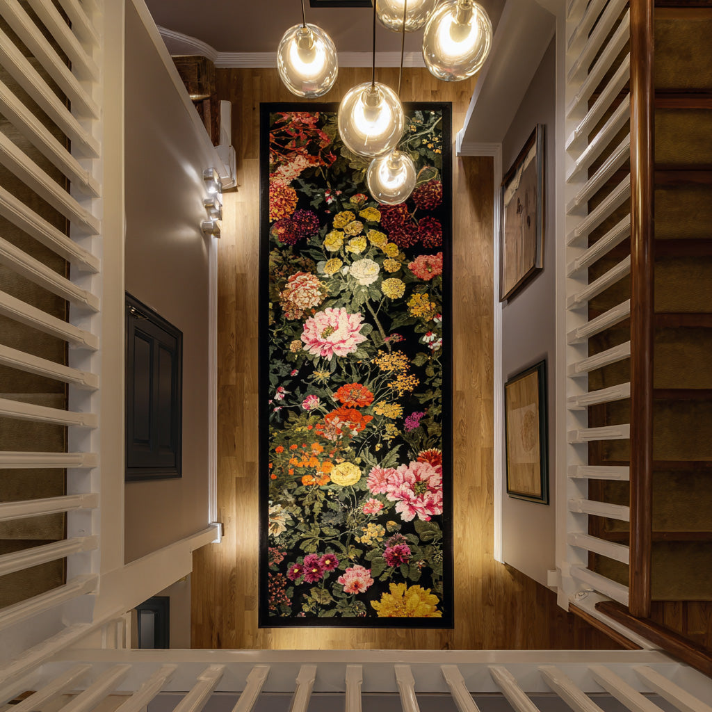 Gilded Garden Walk hallway runner – flowers on black