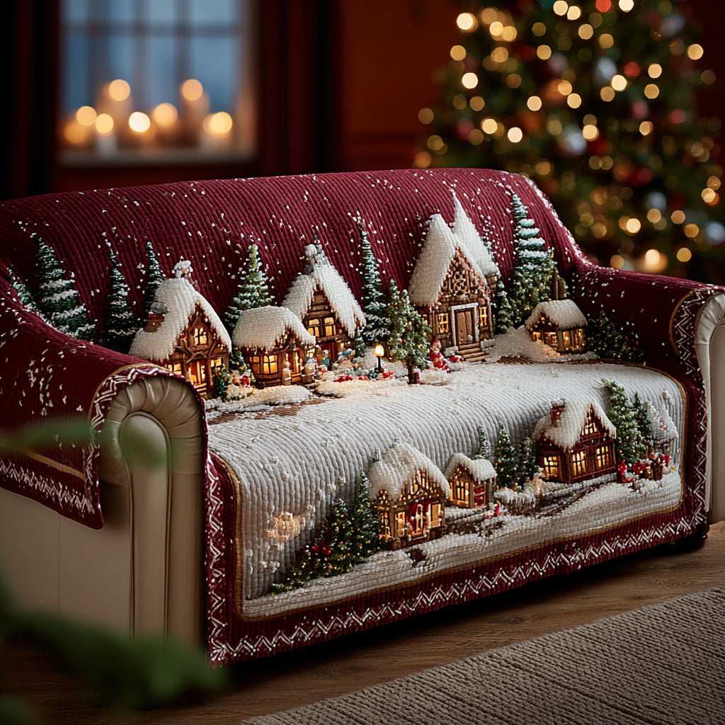 Christmas Village Red quilted sofa cover – snowy village in red frame