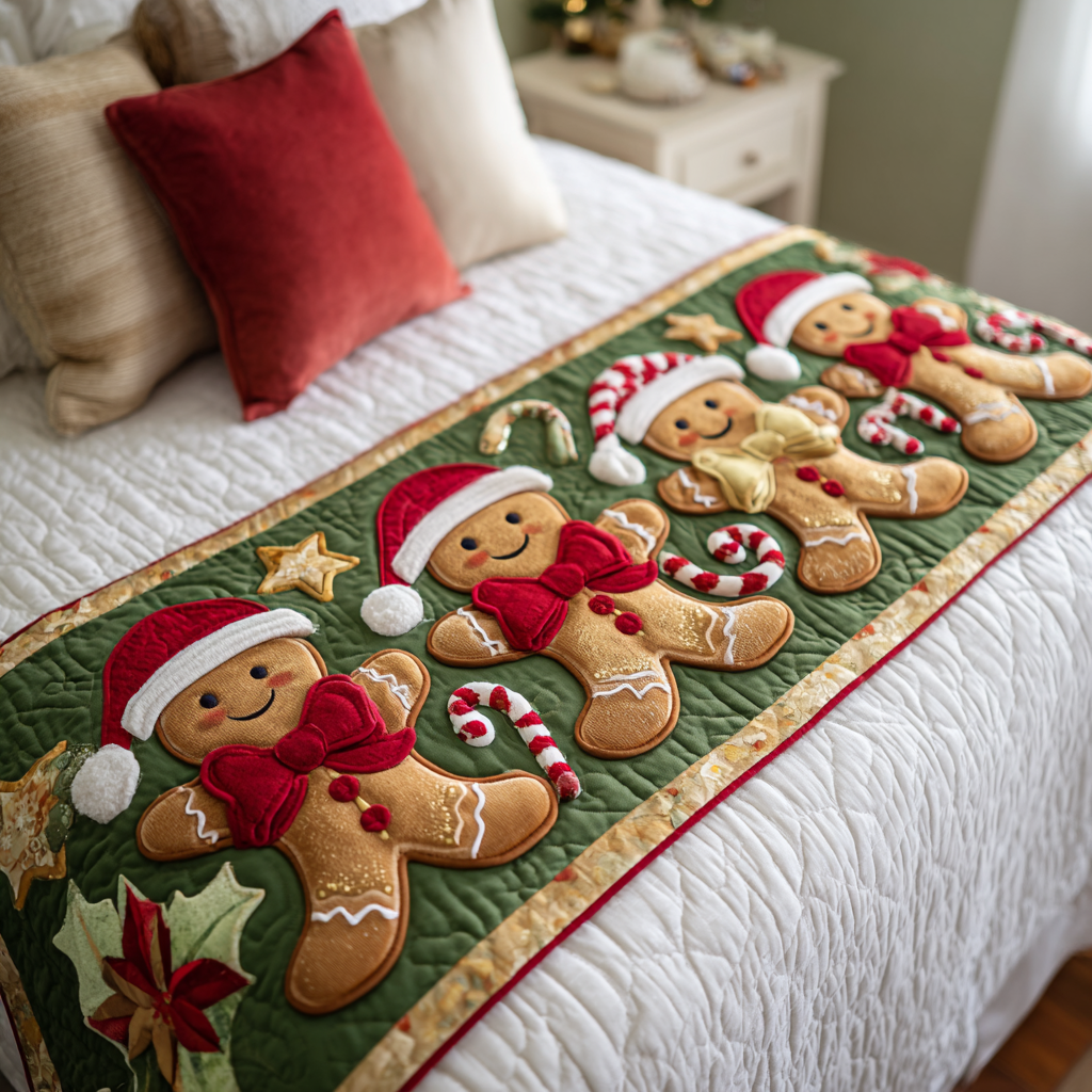 Gingerbread Men quilted bed runner – gingerbread men in Santa hats on green