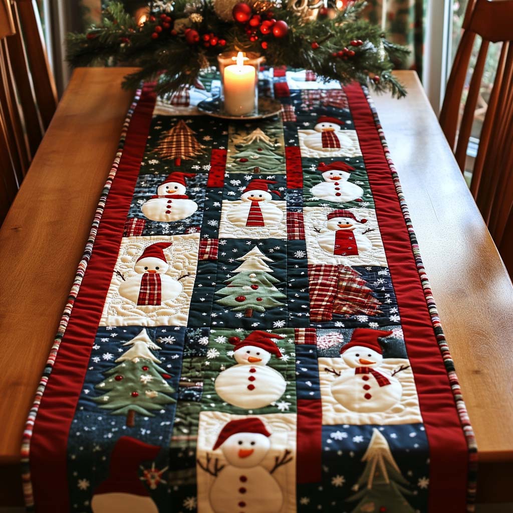Snowman Gingerbread Squares quilted table runner – snowmen and gingerbread in squares