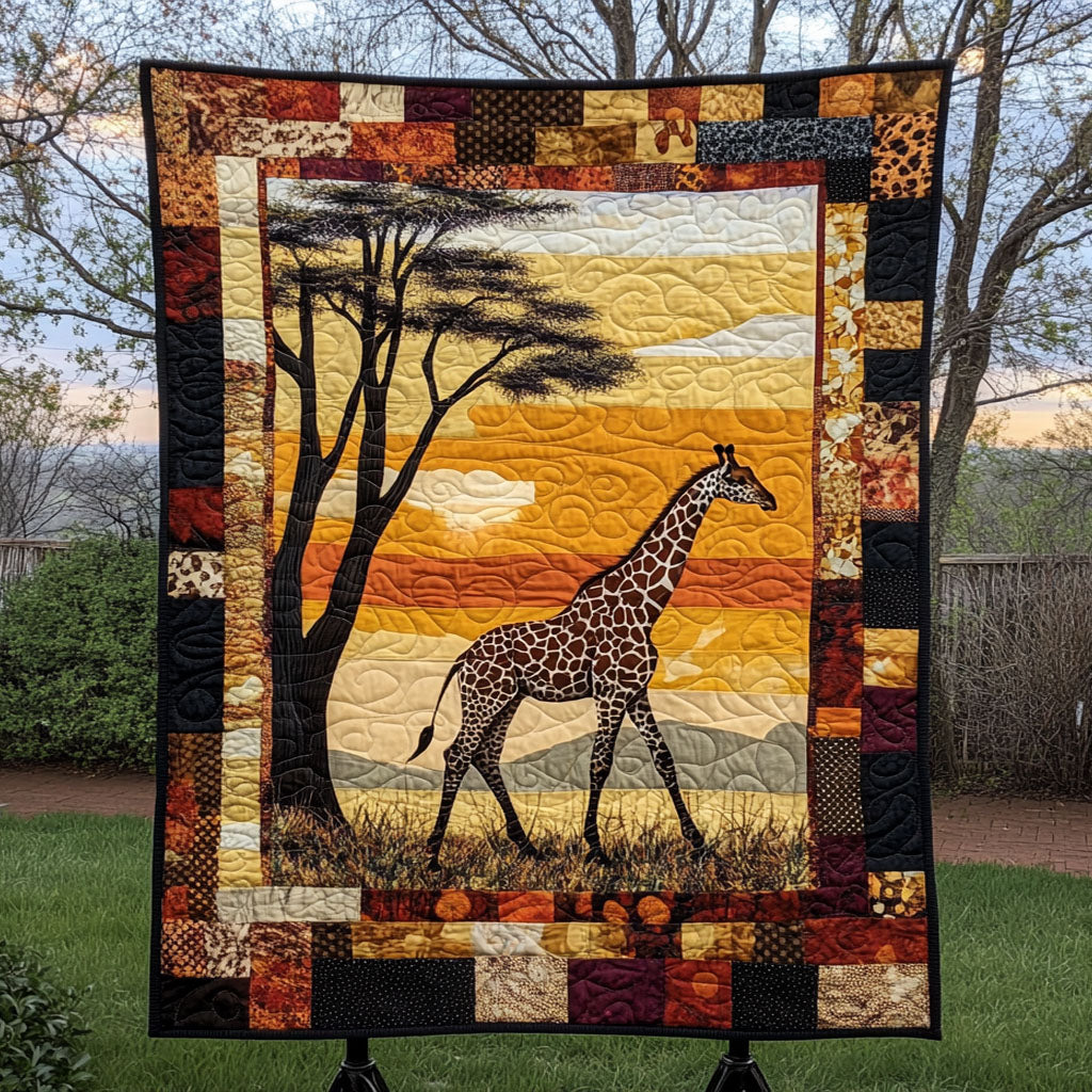 Giraffe at Sunset quilted throw – giraffe beneath an acacia at sunset