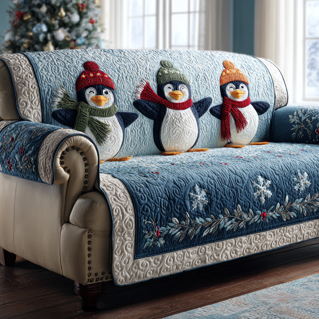 Penguin Pals quilted sofa cover – penguins in hats and scarves