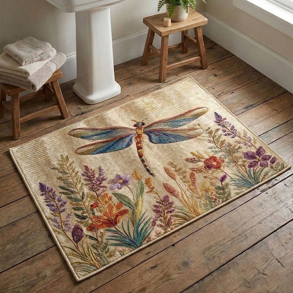 Gilded Dragonfly Garden bath mat – dragonfly and wildflowers