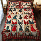 Gnome Patchwork quilted bedspread set – rows of gnomes with a red gingham border